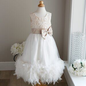 RARE Flower Girl Off-White and Champagne Dress Feathers Special Occasion Size 6